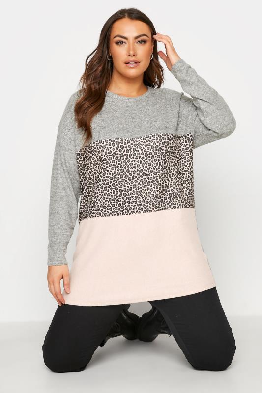 Plus Size  Curve Grey Leopard Print Colour Block Soft Touch Top