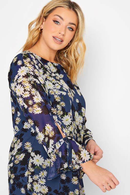 YOURS Plus Size Curve Blue Floral Bell Sleeve Blouse | Yours Clothing  3