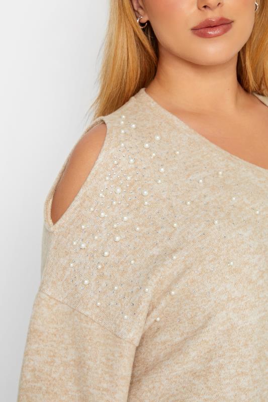 Curve Plus Size Beige Pearl Embellished Cut Out Shoulder Soft Touch Top | Yours Clothing  5