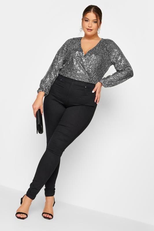 YOURS LONDON Plus Size Silver Sequin Embellished Wrap Bodysuit | Yours Clothing 2