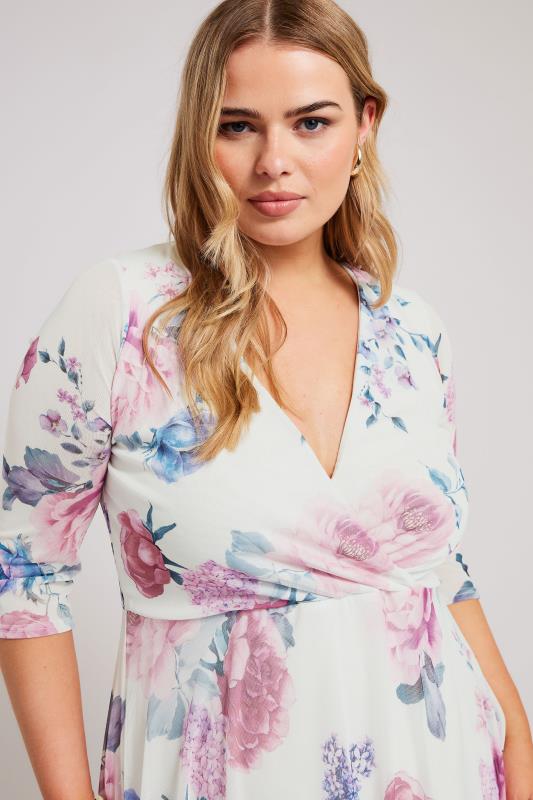 YOURS LONDON Plus Size White Floral Print Mesh Wrap Dress | Yours Clothing 5