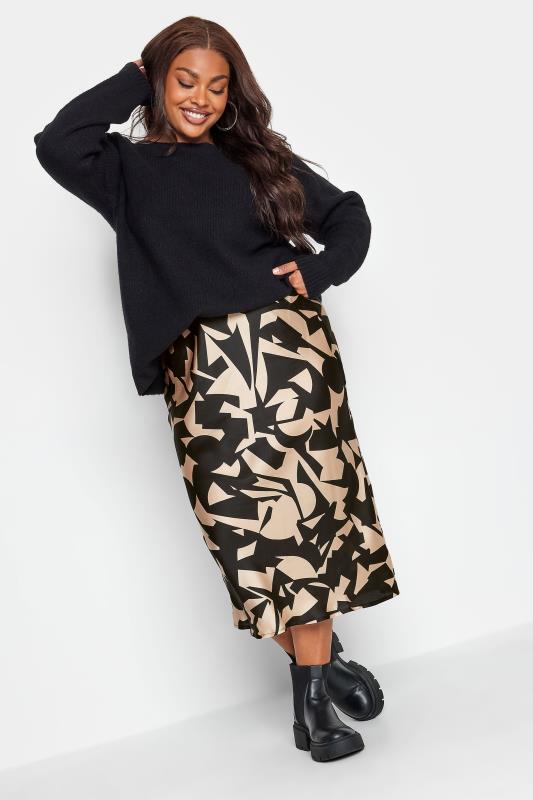  YOURS Curve Black & Beige Abstract Print Satin Midi Skirt