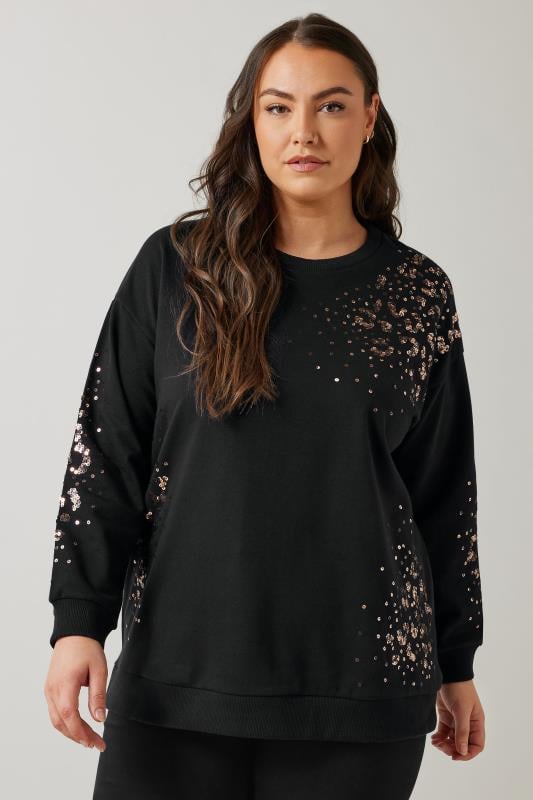 EVANS Plus Size Black & Bronze Leopard Sequin Embellished Sweatshirt | Evans 4