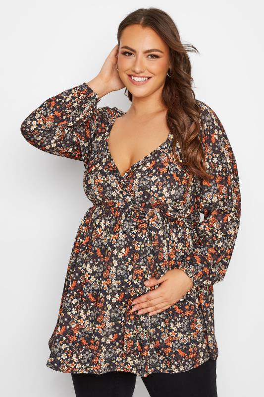 Plus Size BUMP IT UP MATERNITY Black Floral Wrap Top | Yours Clothing 1