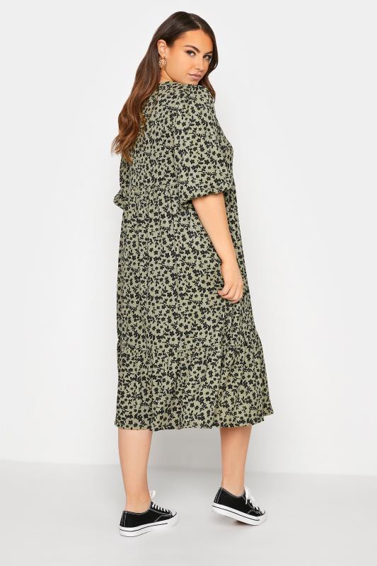 Plus Size Khaki Green Floral Print Tiered Midi Dress | Yours Clothing 3
