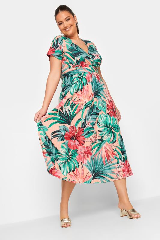 YOURS Curve Green & Peach Tropical Floral Print Wrap Dress | Yours Clothing 2