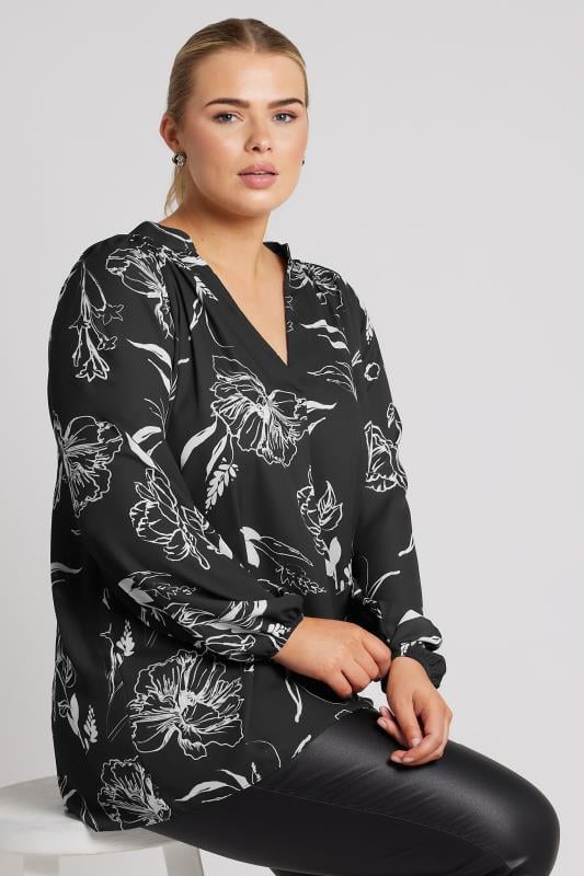 YOURS LONDON Plus Size Black Floral Print Pleated Blouse | Yours Clothing 1