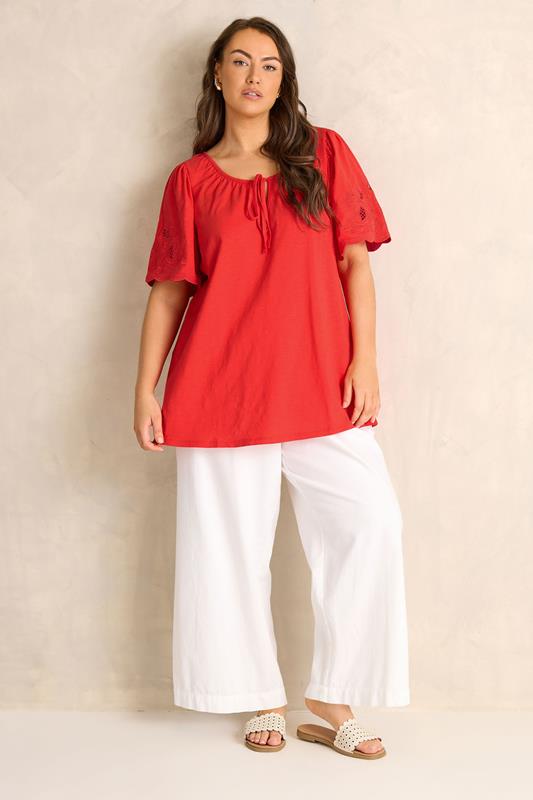 EVANS Plus Size Red Broderie Sleeve Tie Neck Blouse | Evans 1
