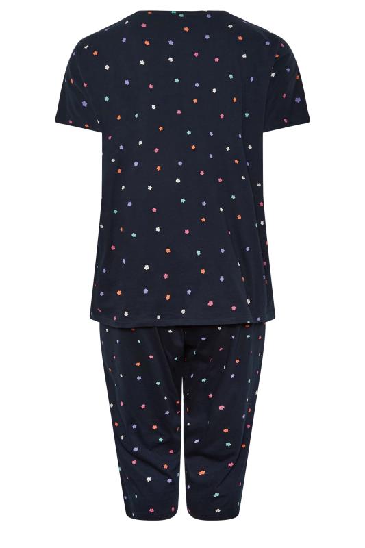YOURS Plus Size Navy Blue Floral Print Cropped Pyjama Set | Yours Clothing 6