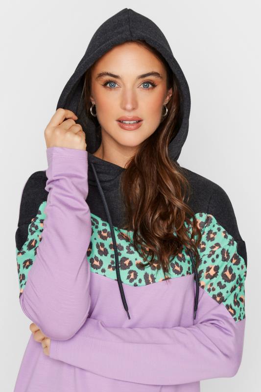 LTS Tall Women's Grey & Purple Leopard Print Colour Block Hoodie | Long Tall Sally 4