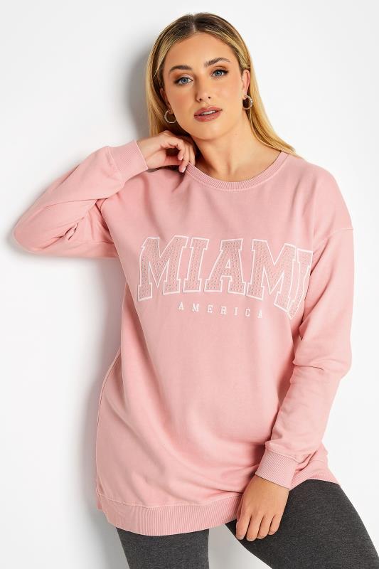 YOURS LUXURY Plus Size Pink Acid Wash 'Miami' Stud Embellished Sweatshirt | Yours Clothing 2