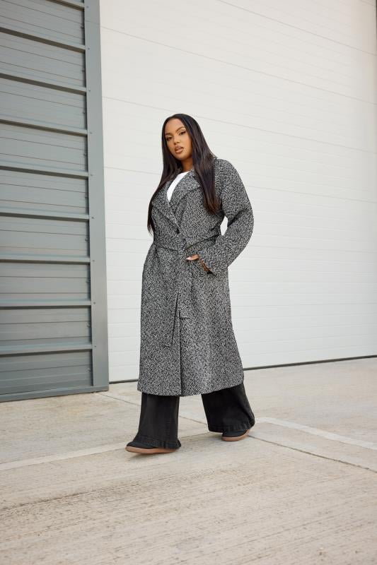 Plus Size  YOURS Curve Black Woven Herringbone Belted Maxi Coat