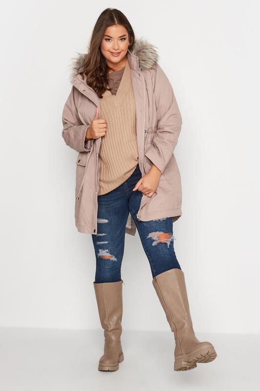 Plus Size Pink Faux Fur Lined Hooded Parka Coat | Yours Clothing 2