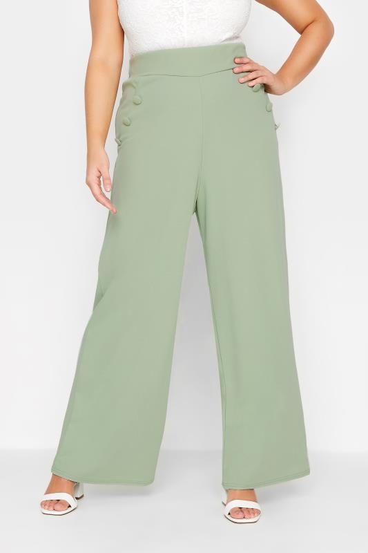 YOURS LONDON Plus Size Green Button Stretch Scuba Crepe Wide Leg Trousers | Yours Clothing 2