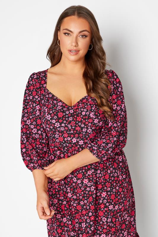 Plus Size Black & Pink Floral Smock Midi Dress | Yours Clothing  4