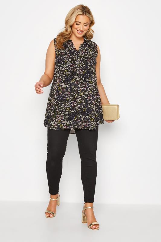 Plus Size Black Floral Print Sleeveless Swing Blouse | Yours Clothing 2