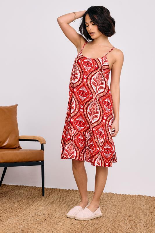 PixieGirl Petite Women's Red Paisley Print Slip Midi Dress | PixieGirl 5