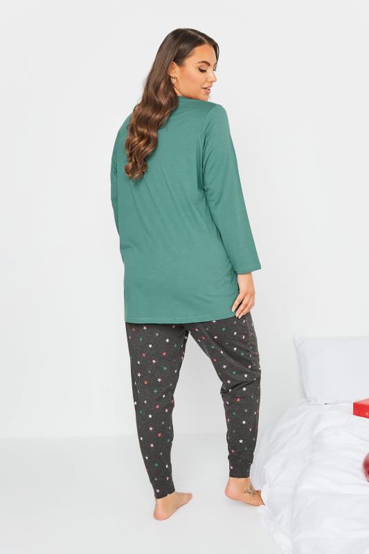 Plus Size Green 'Christmas Crackered' Star Print Pyjama Set | Yours Clothing 2