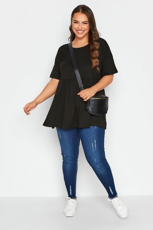 Plus Size Black Drop Shoulder Peplum Top | Yours Clothing 2