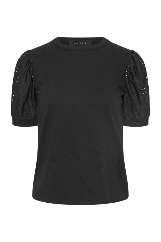 Petite Black Broderie Anglaise Puff Sleeve T-Shirt 8