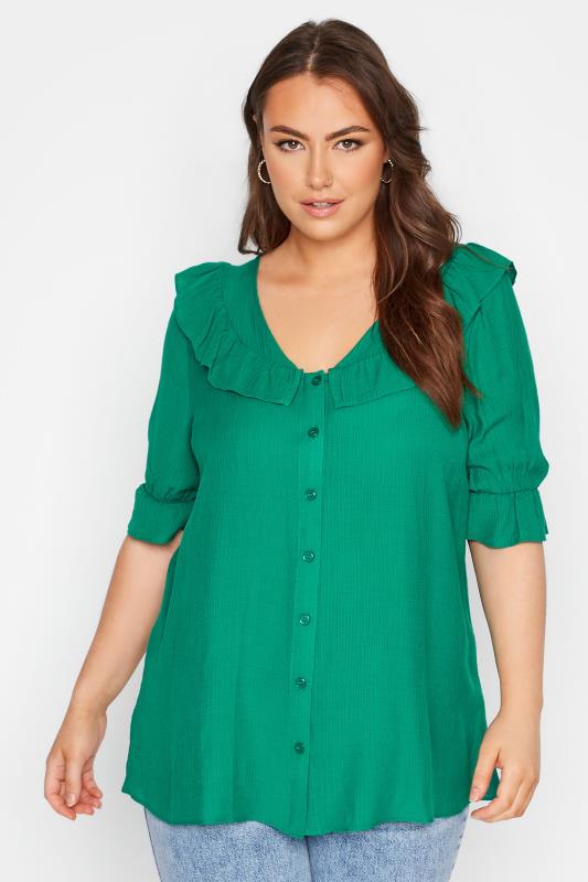 LIMITED COLLECTION Curve Emerald Green Frill Blouse_A.jpg