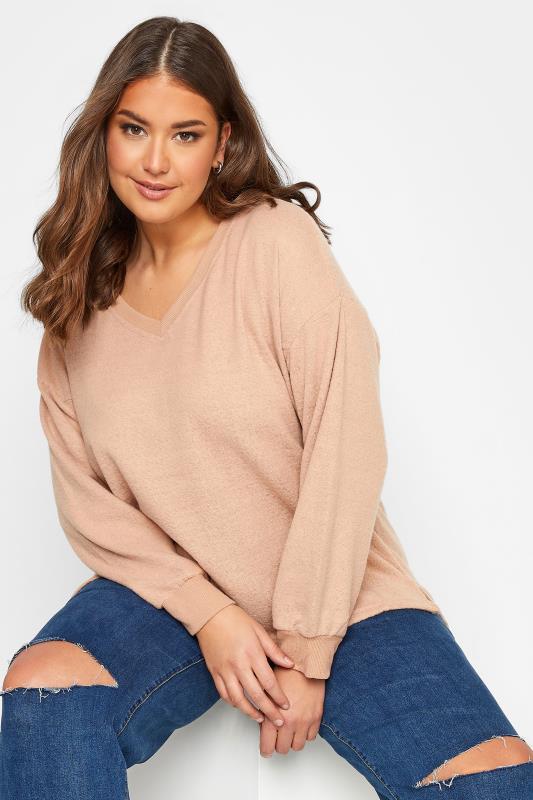 Plus Size  YOURS Curve Beige Brown V-Neck Soft Touch Fleece Sweatshirt
