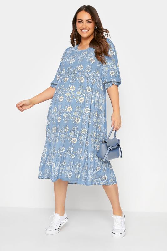 BUMP IT UP MATERNITY Curve Blue Floral Tiered Smock Dress 2