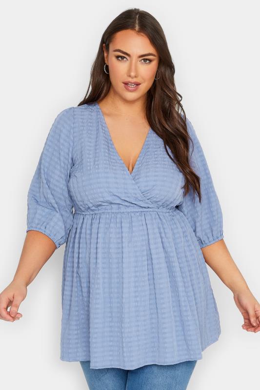 YOURS Plus Size Curve Baby Blue Textured Wrap Top | Yours Clothing  1