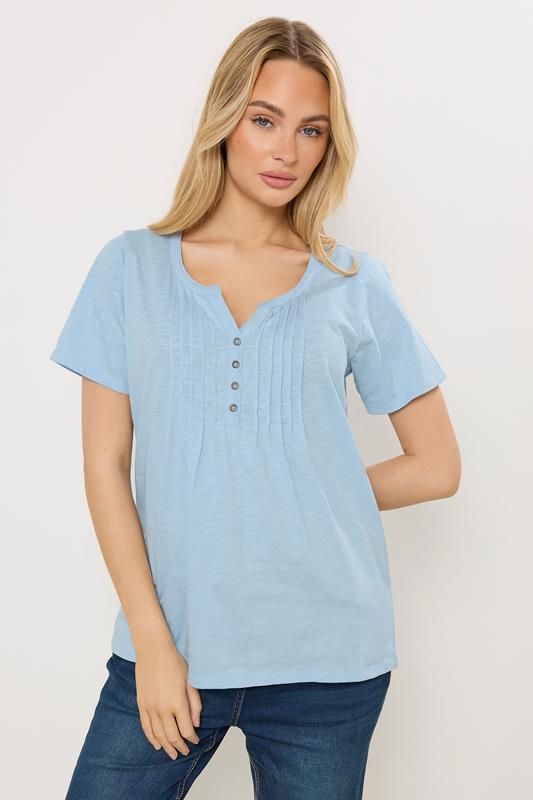  M&Co Blue Cotton Short Sleeve Henley Top