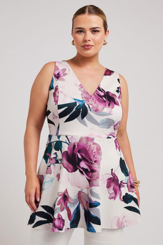 YOURS LONDON Plus Size Pink Floral Print Peplum Top | Yours Clothing 1