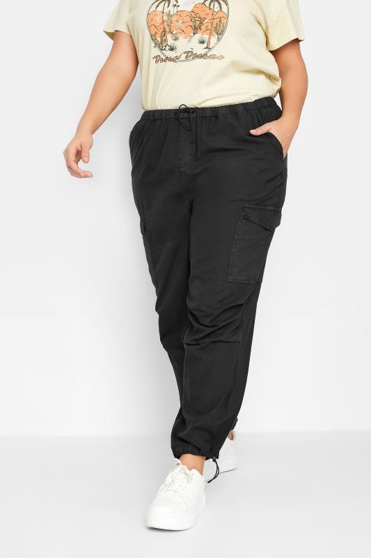 YOURS Curve Plus Size Black Cargo Parachute Trousers | Yours Clothing  1