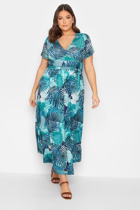 YOURS Plus Size Blue Leaf Print Wrap Maxi Dress | Yours Clothing 1