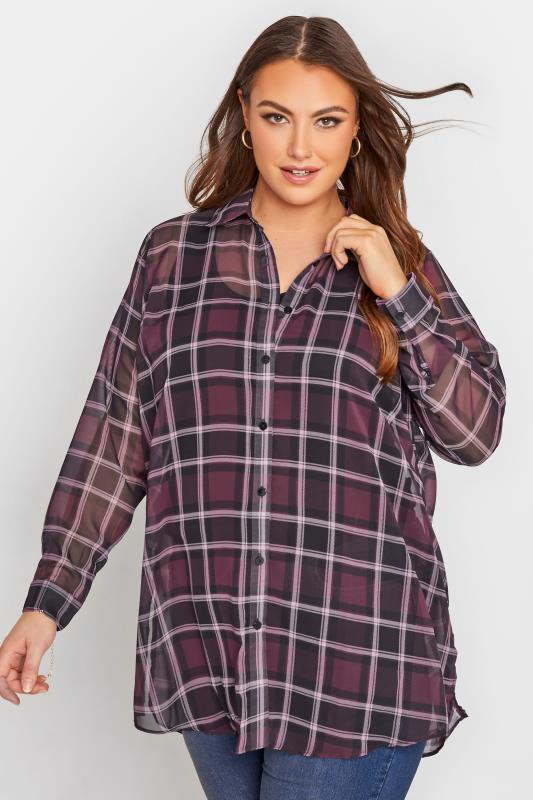  Grande Taille Curve Burgundy Red Check Button Through Chiffon Blouse