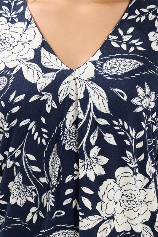 YOURS Plus Size Navy Blue Floral Print Pleat Front Top | Yours Clothing 4