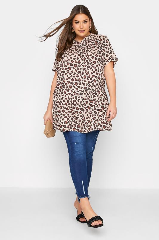 Curve Brown Leopard Print Tiered Short Sleeve Shirt 2