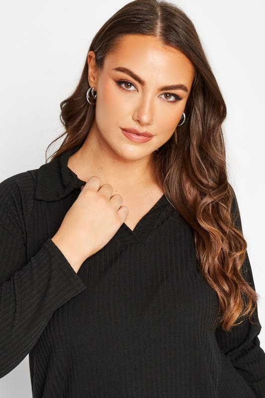Curve Black Long Sleeve Ribbed Collar Top | Yours Clothing 4