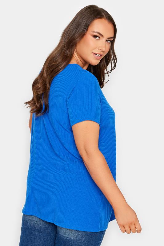 YOURS Curve Plus Size Cobalt Blue Ribbed Swing T-Shirt | Yours Clothing  3