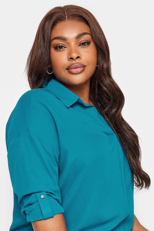 YOURS Plus Size Teal Blue Half Placket Collared Blouse | Yours Clothing 4