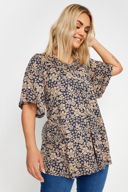 YOURS Curve Navy Blue Floral Print Pleated Swing Top | Yours Clothing 1