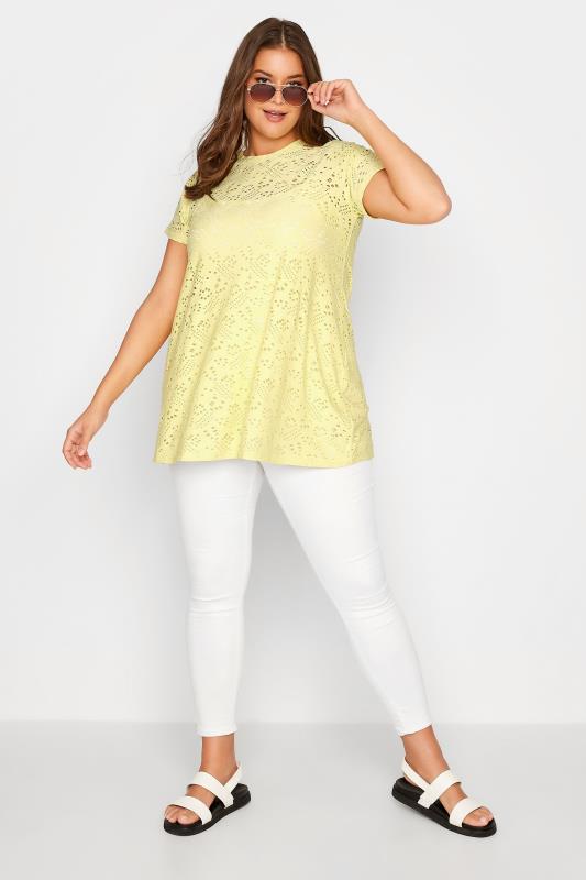 Plus Size Yellow Broderie Anglaise Swing T-Shirt | Yours Clothing 2