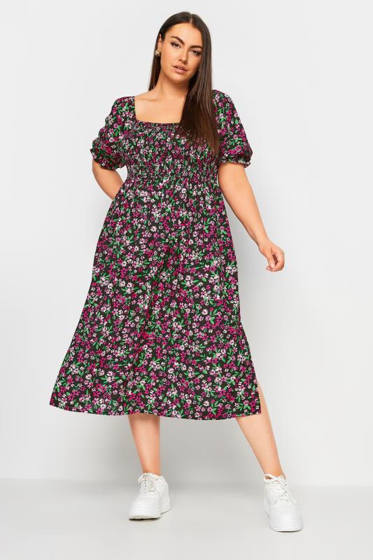 YOURS Plus Size Black & Pink Ditsy Floral Print Shirred Midaxi Dress | Yours Clothing 2