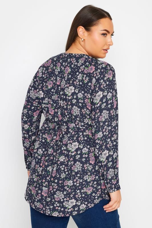 YOURS Plus Size Navy Blue Floral Print Pintuck Blouse | Yours Clothing 3