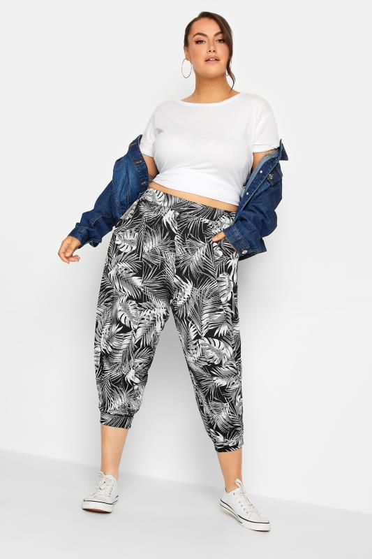 YOURS Curve Plus Size Black Leaf Print Cropped Harem Trousers | Yours Clothing  2