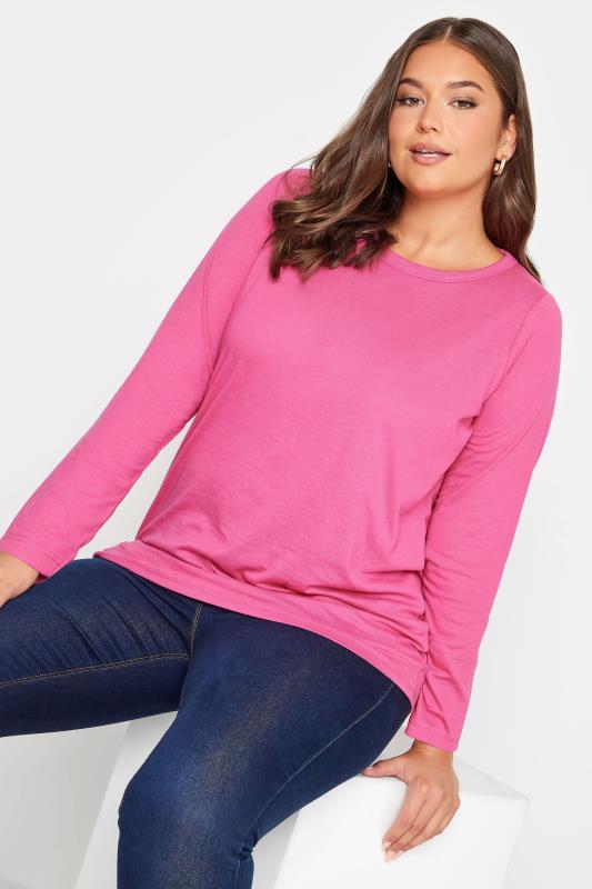 YOURS Curve Plus Size Hot Pink Long Sleeve Essential T-Shirt | Yours Clothing 1