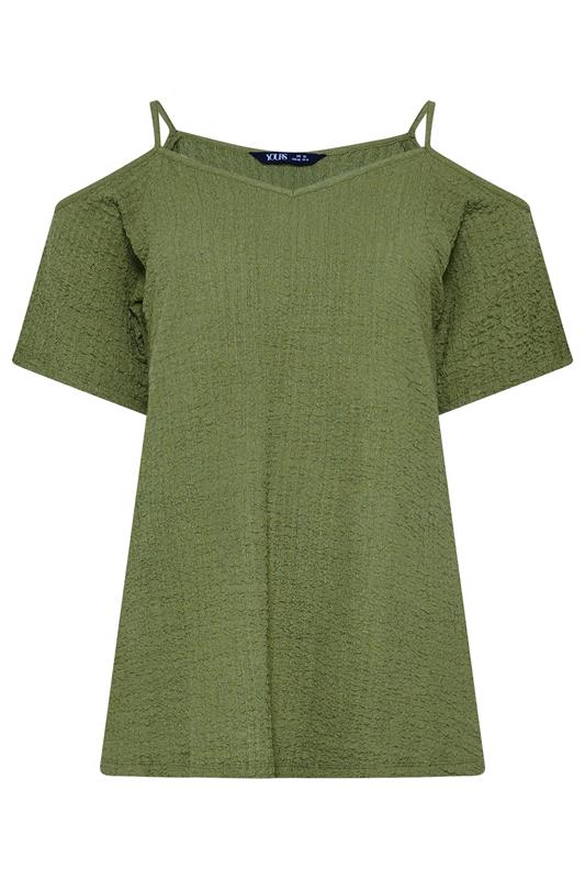 YOURS Plus Size Khaki Green Textured Cold Shoulder Top | Yours Clothing 5