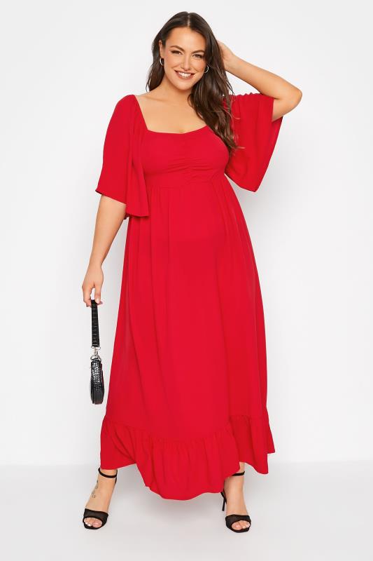 LIMITED COLLECTION Curve Red Ruched Angel Sleeve Dress 2