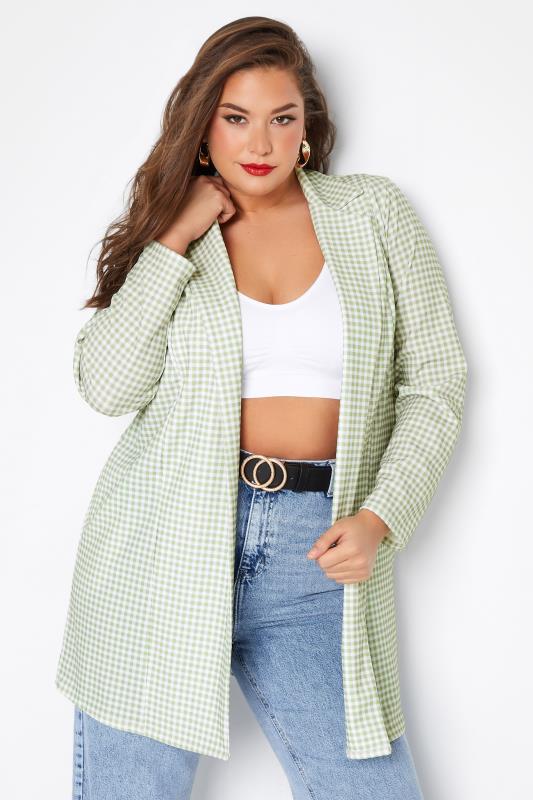 LIMITED COLLECTION Plus Size Sage Green Gingham Longline Blazer 1