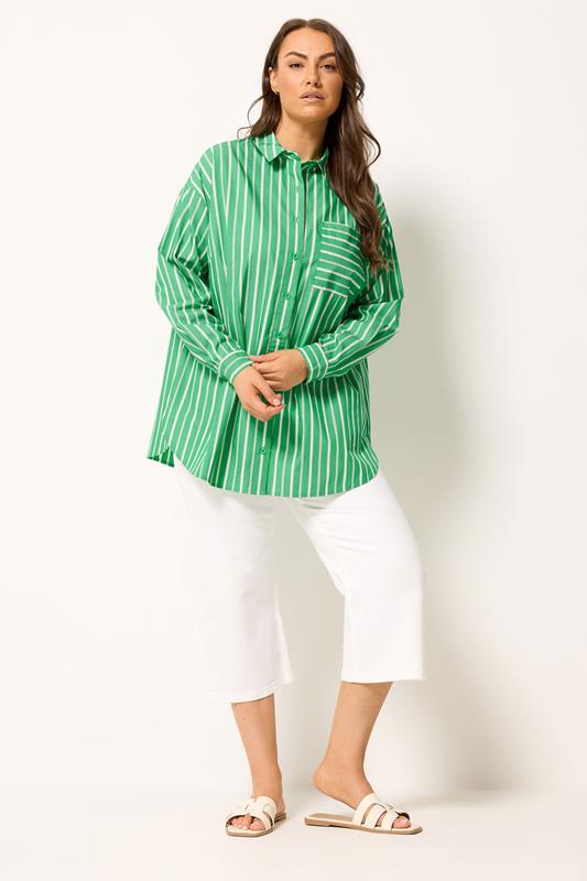 YOURS Plus Size Green & White Striped Shirt | Yours Clothing 1