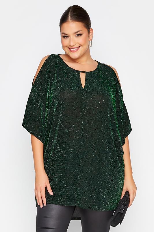  dla puszystych YOURS LONDON Curve Green Glitter Cold Shoulder Cape Top