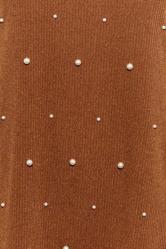 Curve Plus Size Brown Pearl Embellished Split Hem Knit Top | Yours Clothing 5